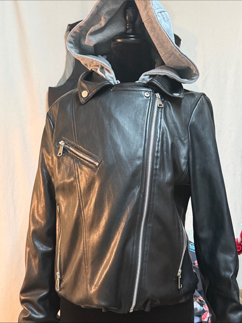 Women's Black Faux Leather Bigatelli Jacket with detachable Hood